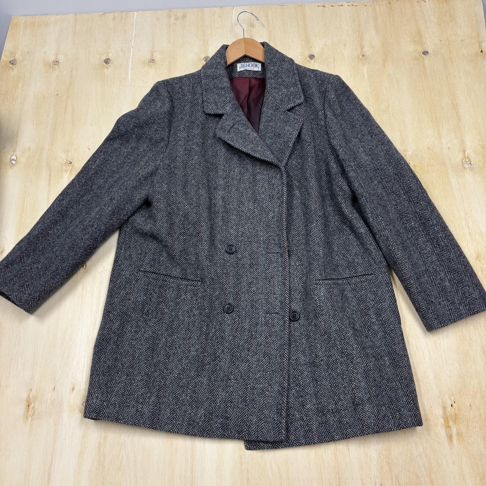 Vintage‎ J.G. Hook Coat Womens Large Gray Wool Herringbone Tweed Overcoat USA